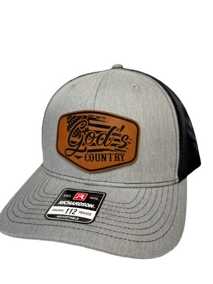 Get Me To God's Country Trucker Hat, Worship Prayer God Laser Engraved Leather Patch Mesh Back Trucker Hat