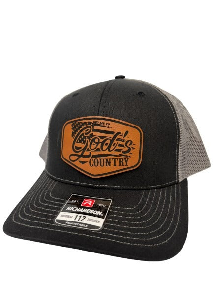 Get Me To God's Country Trucker Hat, Worship Prayer God Laser Engraved Leather Patch Mesh Back Trucker Hat