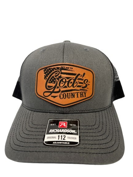 Get Me To God's Country Trucker Hat, Worship Prayer God Laser Engraved Leather Patch Mesh Back Trucker Hat