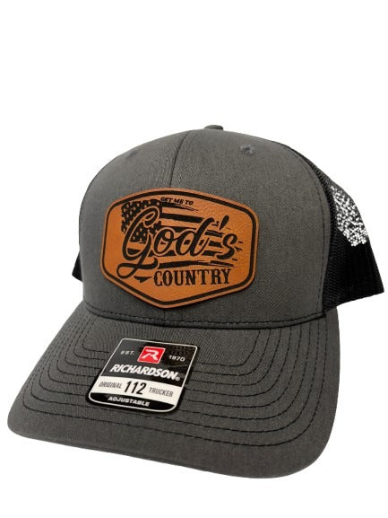 Get Me To God's Country Trucker Hat, Worship Prayer God Laser Engraved Leather Patch Mesh Back Trucker Hat