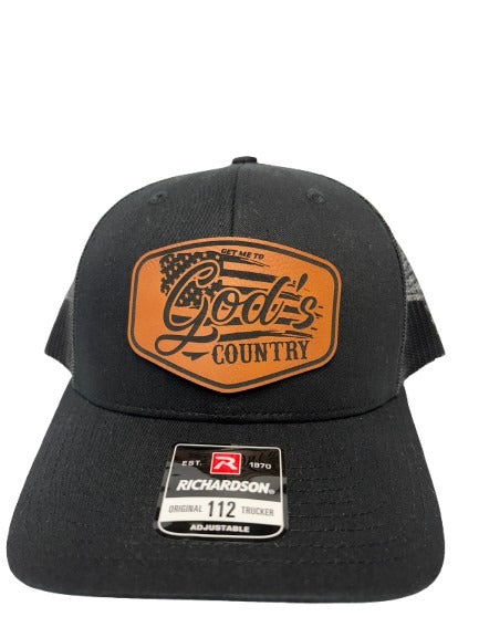 Get Me To God's Country Trucker Hat, Worship Prayer God Laser Engraved Leather Patch Mesh Back Trucker Hat