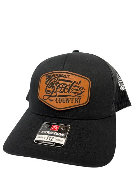 Get Me To God's Country Trucker Hat, Worship Prayer God Laser Engraved Leather Patch Mesh Back Trucker Hat