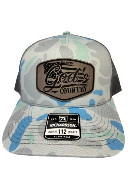 Get Me To God's Country Trucker Hat, Worship Prayer God Laser Engraved Leather Patch Mesh Back Trucker Hat