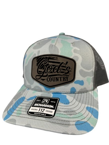 Get Me To God's Country Trucker Hat, Worship Prayer God Laser Engraved Leather Patch Mesh Back Trucker Hat