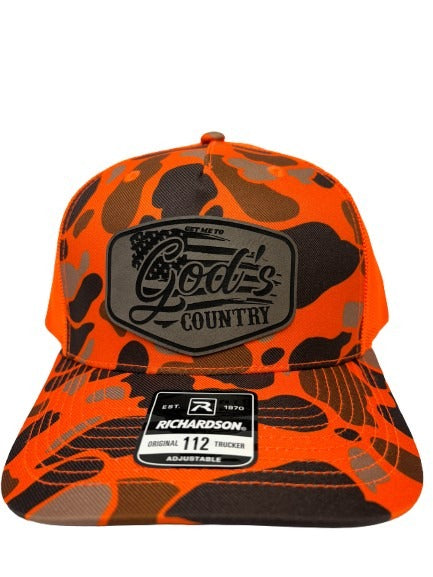 Get Me To God's Country Trucker Hat, Worship Prayer God Laser Engraved Leather Patch Mesh Back Trucker Hat