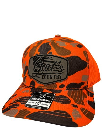 Get Me To God's Country Trucker Hat, Worship Prayer God Laser Engraved Leather Patch Mesh Back Trucker Hat