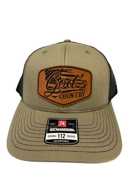Get Me To God's Country Trucker Hat, Worship Prayer God Laser Engraved Leather Patch Mesh Back Trucker Hat