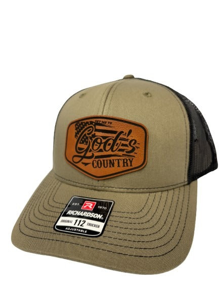 Get Me To God's Country Trucker Hat, Worship Prayer God Laser Engraved Leather Patch Mesh Back Trucker Hat
