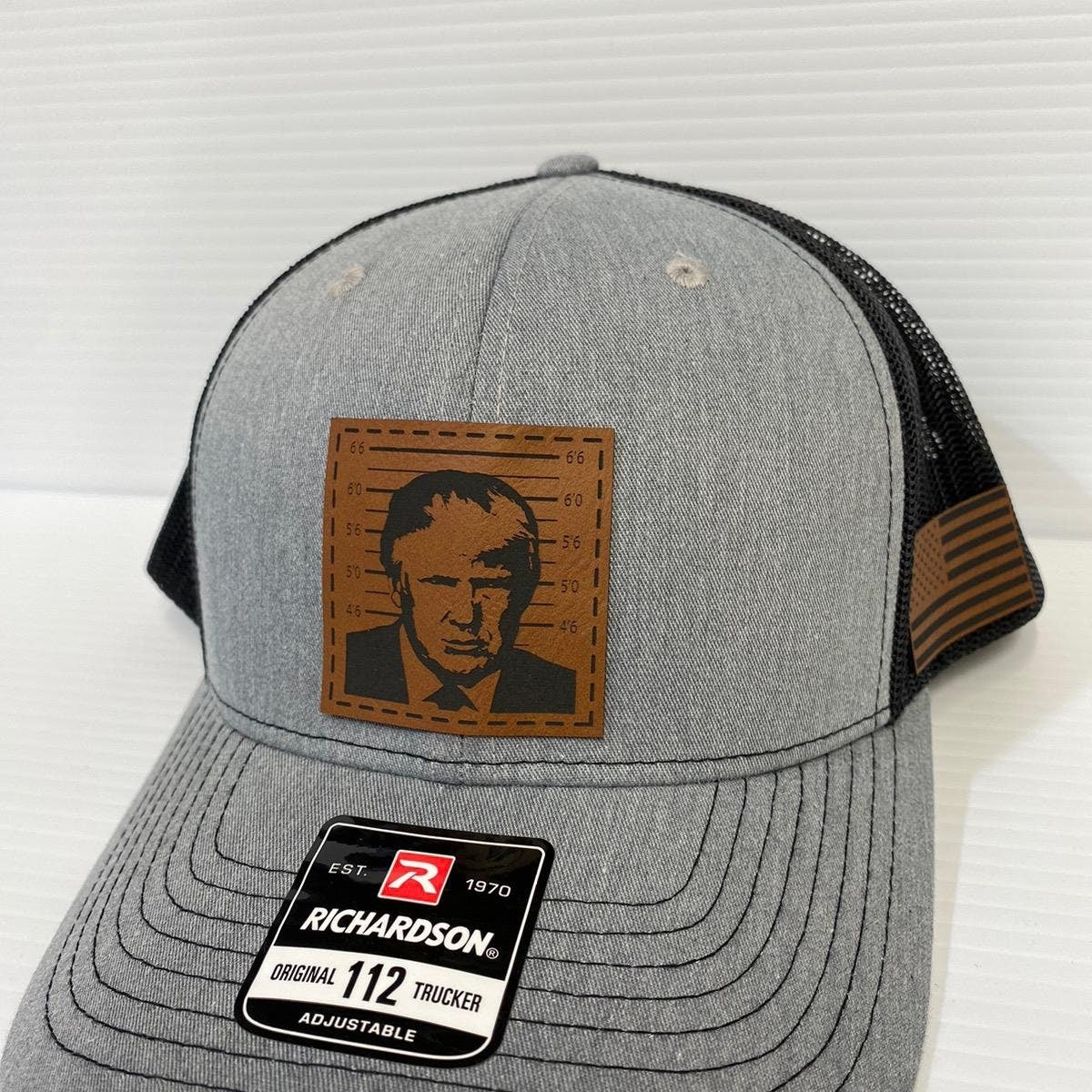 Trump 2024 Mugshot Leather Patch Trucker Hat