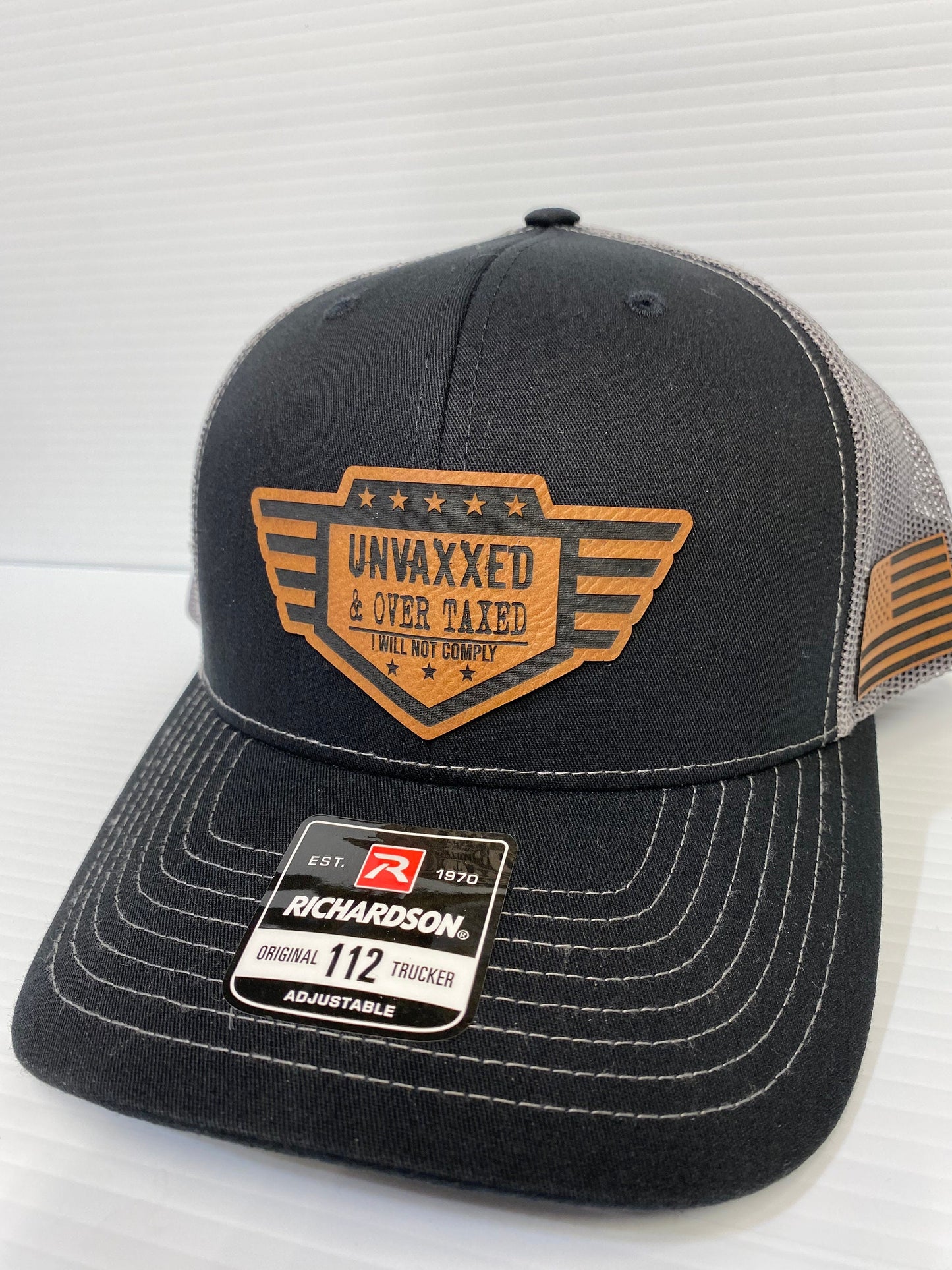 UNVAXXED & Over Taxed ™ Richardson 112 Hat, leatherette patch - Logo Hats, Laser Engraved Leather Patch, Richardson 112 Hat - UNVAXXED