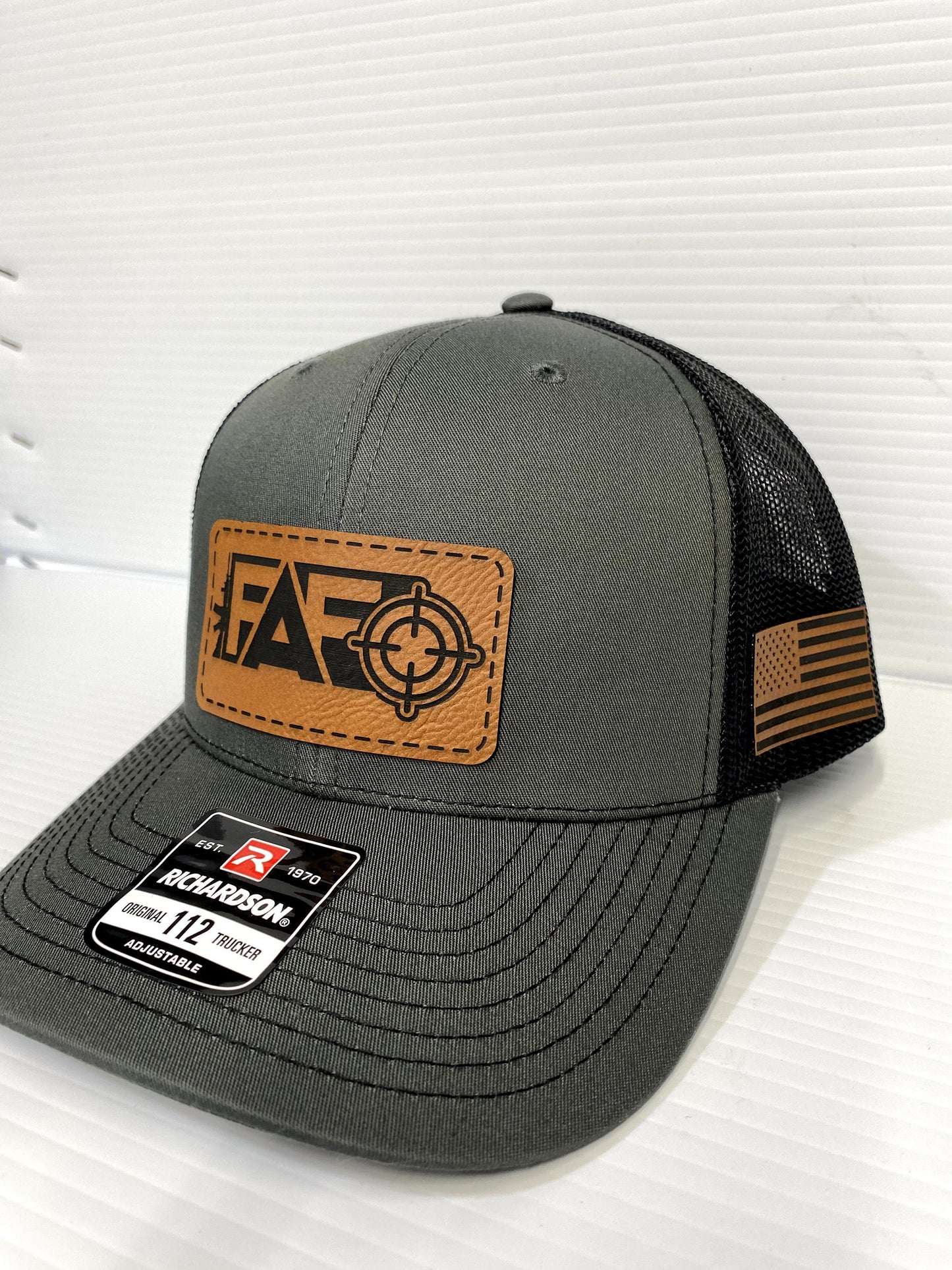 FAFO Leather Patch Hat: Richardson 112 Charcoal/Black Trucker
