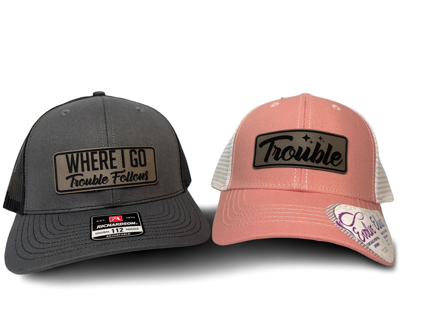 Matching Couple Hats: "Where I Go Trouble Follows" Trucker Hats, Matching Couple Hats For Men & Women