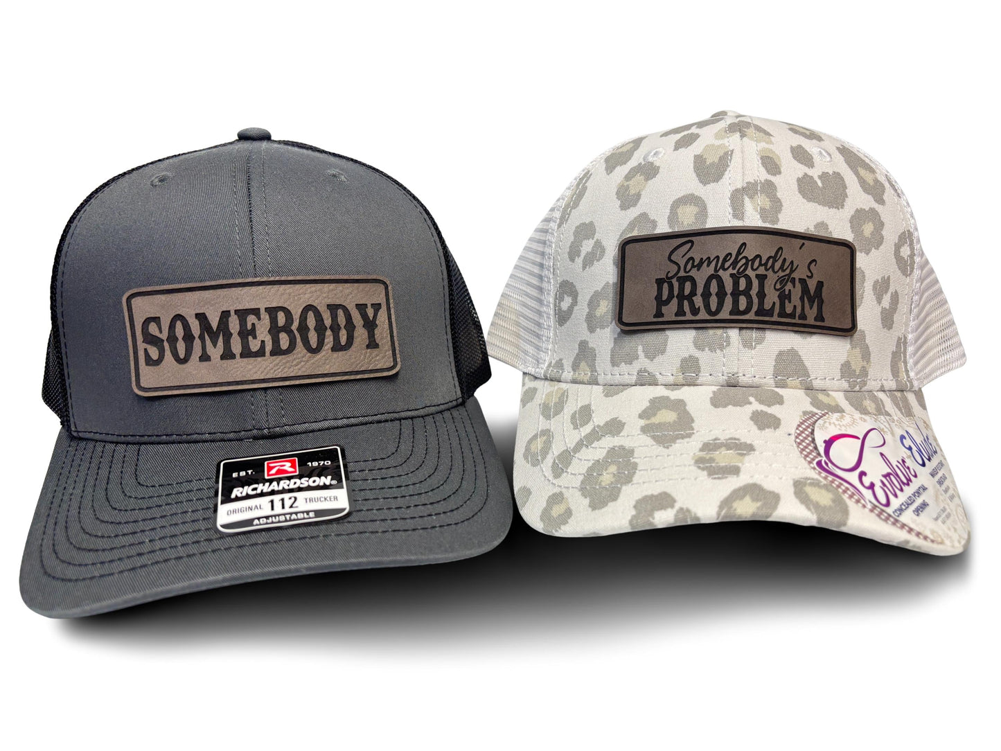 Matching Couples Trucker Hats: Somebody's Problem Ponytail and Somebody, Laser Engraved Leatherette Patch Men & Women Couple Hats