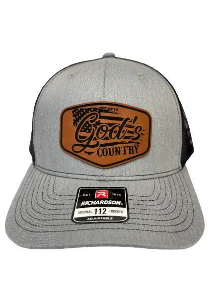 Get Me To God's Country Trucker Hat, Worship Prayer God Laser Engraved Leather Patch Mesh Back Trucker Hat