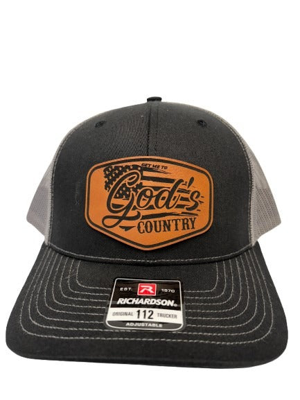 Get Me To God's Country Trucker Hat, Worship Prayer God Laser Engraved Leather Patch Mesh Back Trucker Hat
