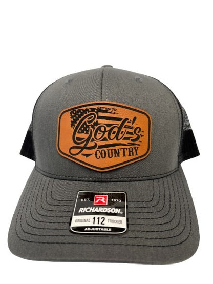 Get Me To God's Country Trucker Hat, Worship Prayer God Laser Engraved Leather Patch Mesh Back Trucker Hat