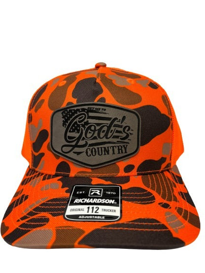 Get Me To God's Country Trucker Hat, Worship Prayer God Laser Engraved Leather Patch Mesh Back Trucker Hat