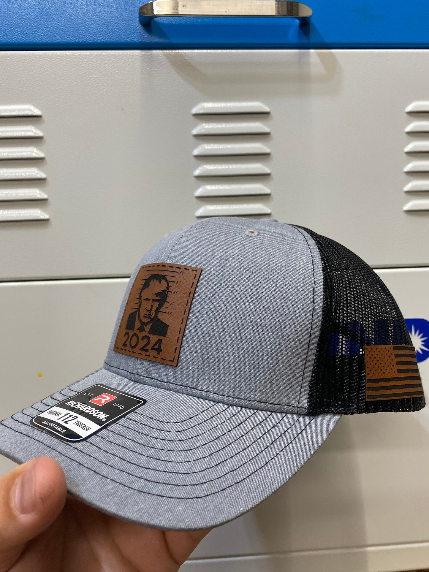 Trump 2024 Mugshot Leather Patch Richardson 112 Trucker Hat