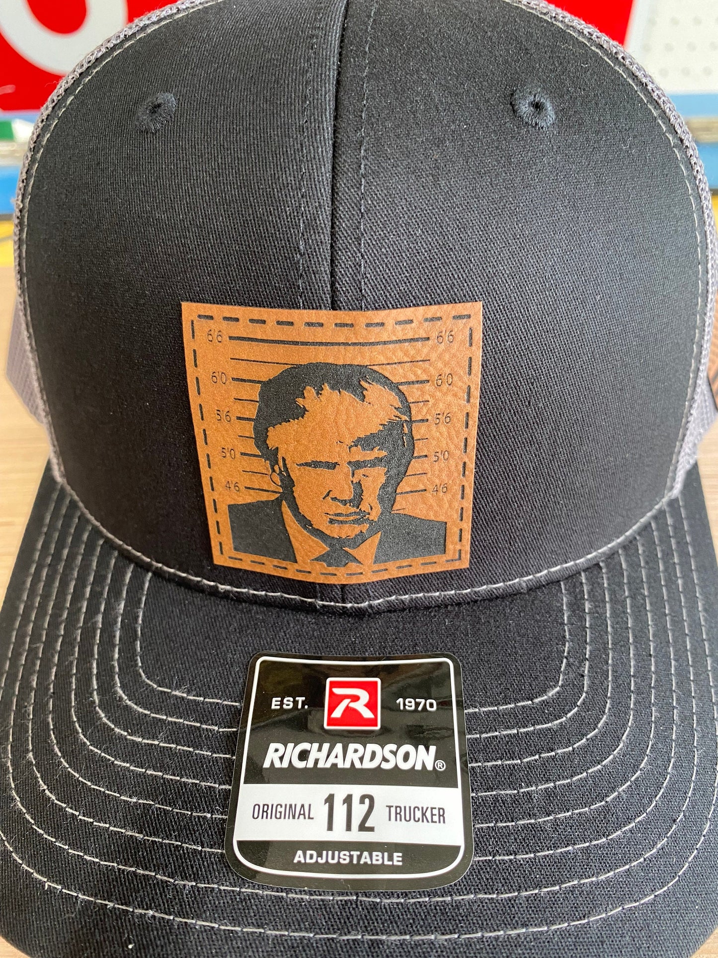 Trump 2024 Mugshot Leather Patch Trucker Hat