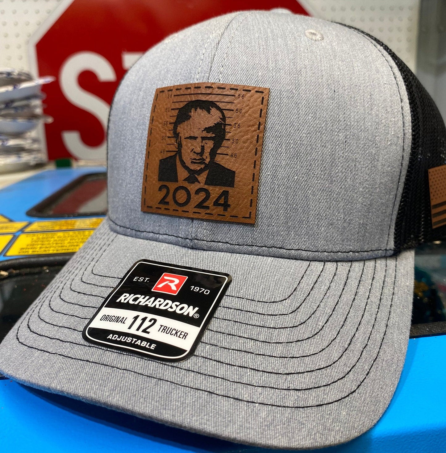 Trump 2024 Mugshot Leather Patch Richardson 112 Trucker Hat