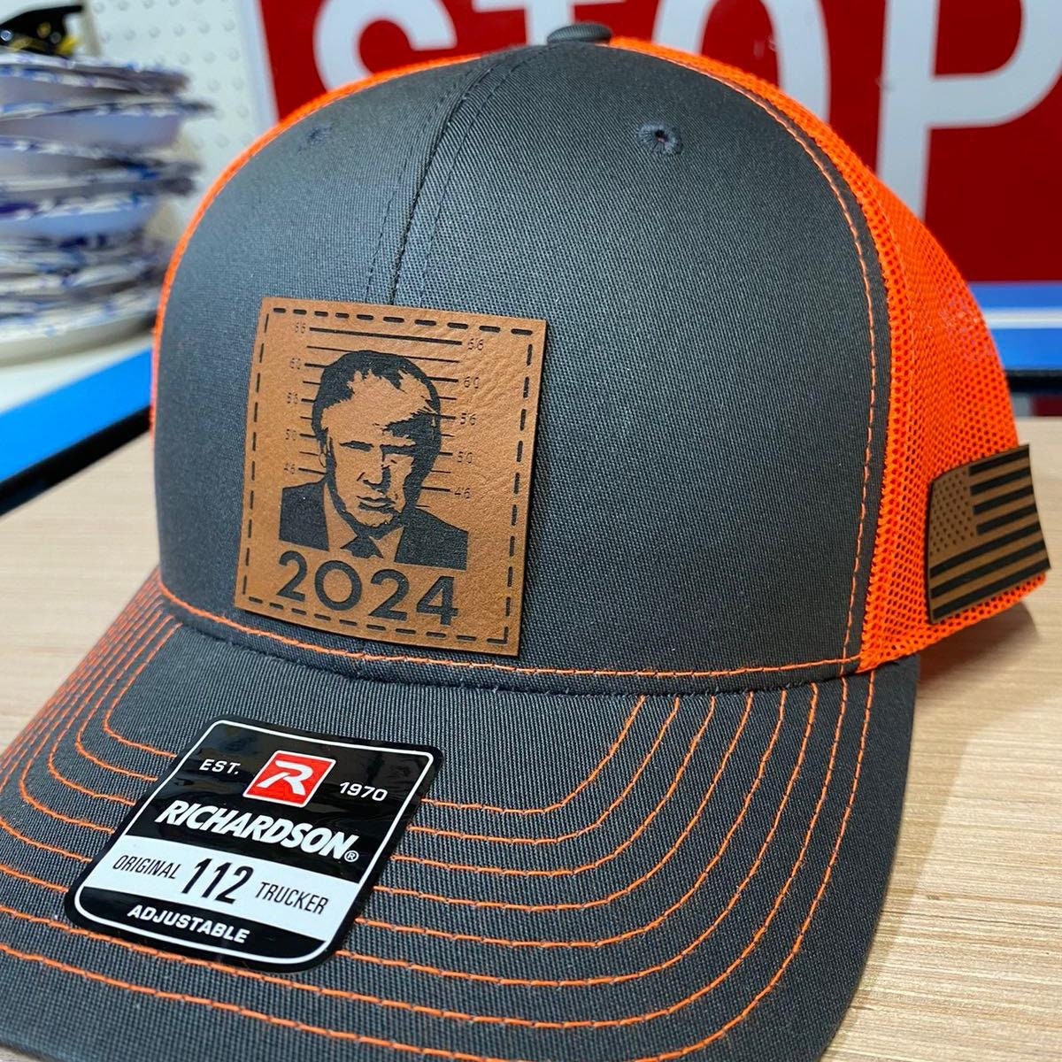 Trump 2024 Mugshot Leather Patch Richardson 112 Trucker Hat
