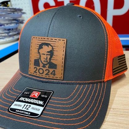Trump 2024 Mugshot Leather Patch Richardson 112 Trucker Hat