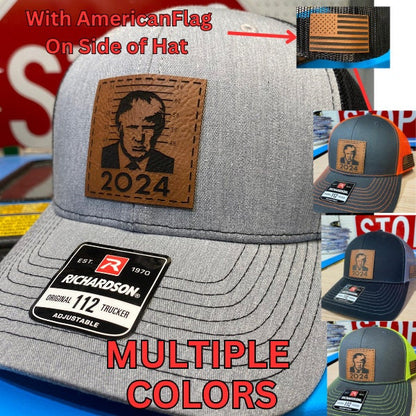 Trump 2024 Mugshot Leather Patch Richardson 112 Trucker Hat