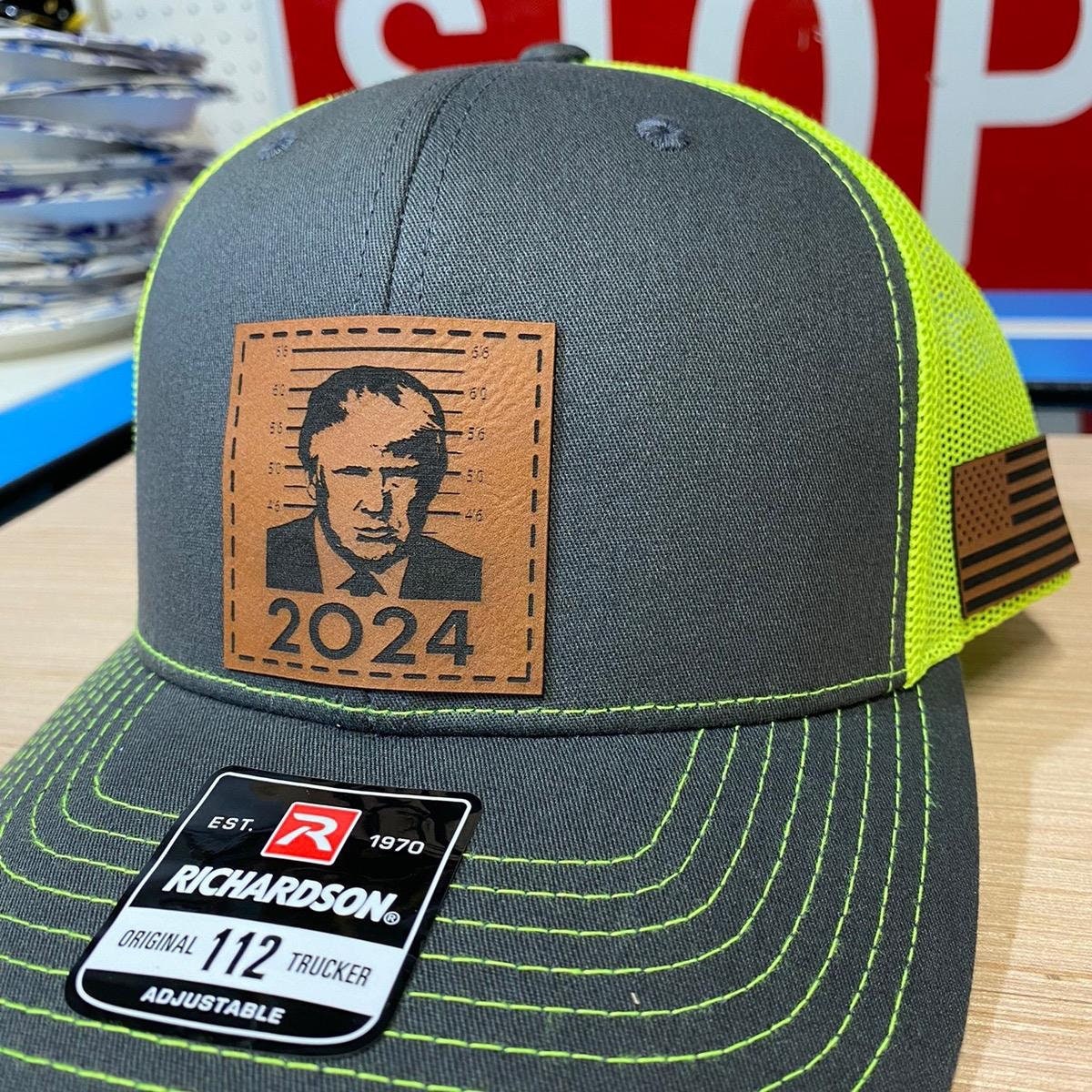 Trump 2024 Mugshot Leather Patch Richardson 112 Trucker Hat
