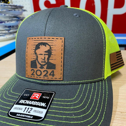 Trump 2024 Mugshot Leather Patch Richardson 112 Trucker Hat