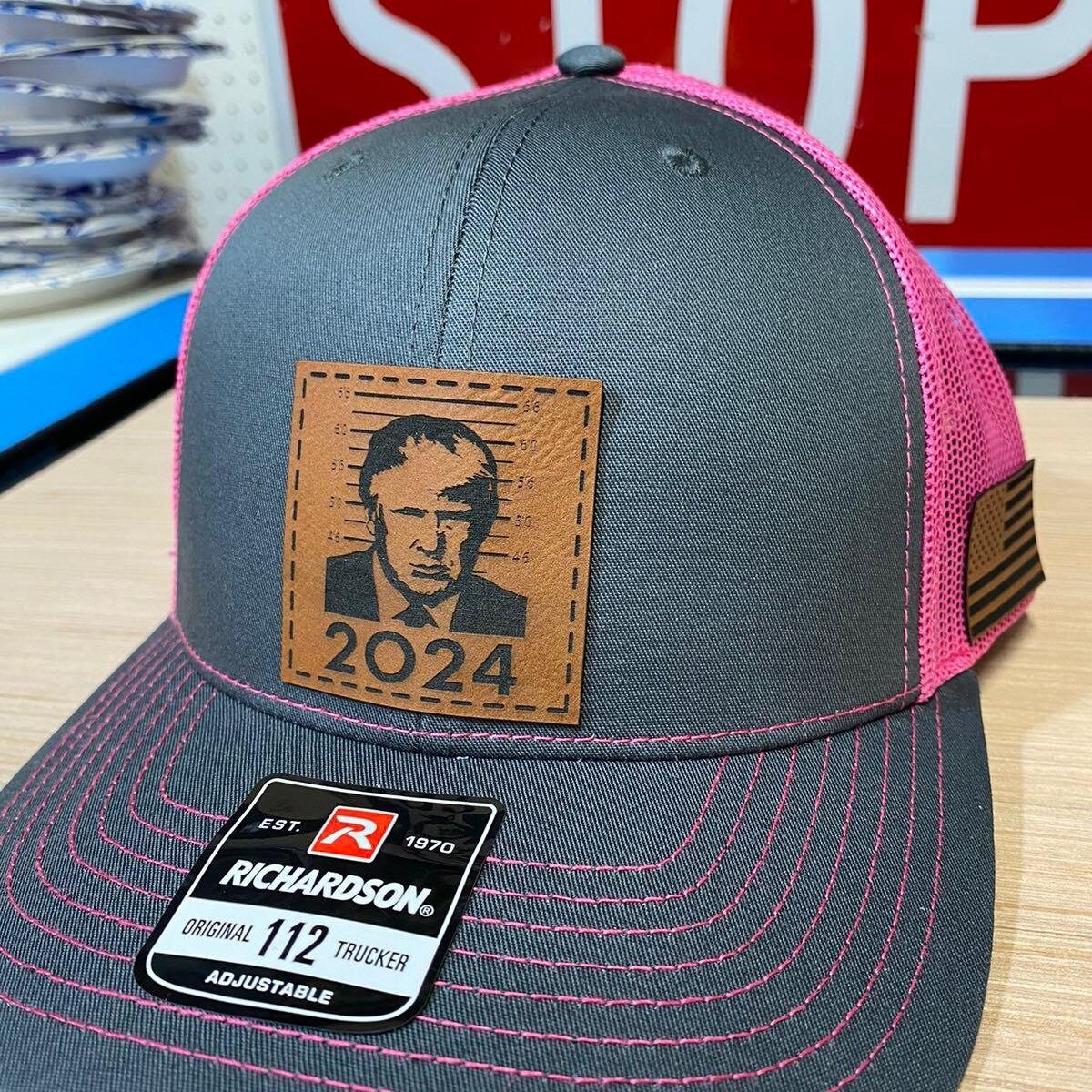 Trump 2024 Mugshot Leather Patch Richardson 112 Trucker Hat