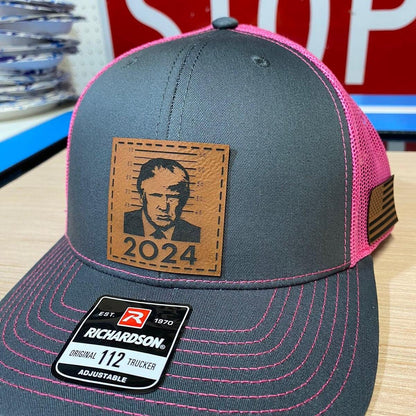 Trump 2024 Mugshot Leather Patch Richardson 112 Trucker Hat