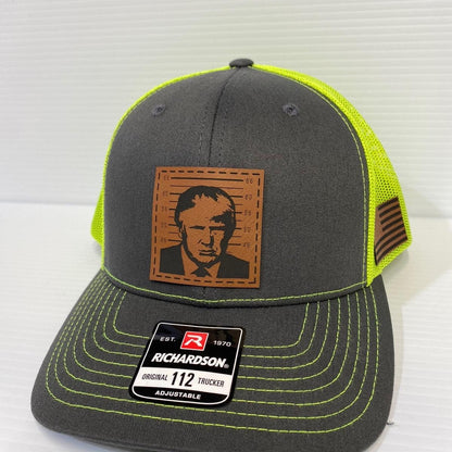 Trump 2024 Mugshot Leather Patch Trucker Hat