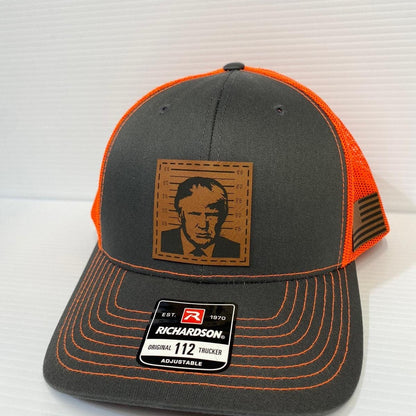 Trump 2024 Mugshot Leather Patch Trucker Hat