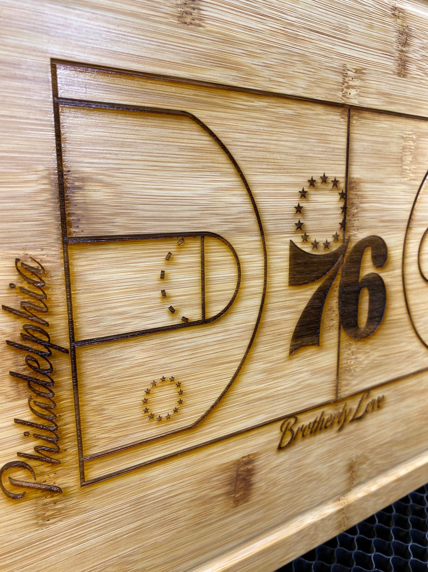 Philadelphia 76ers Laser Engraved Bamboo Cutting Board