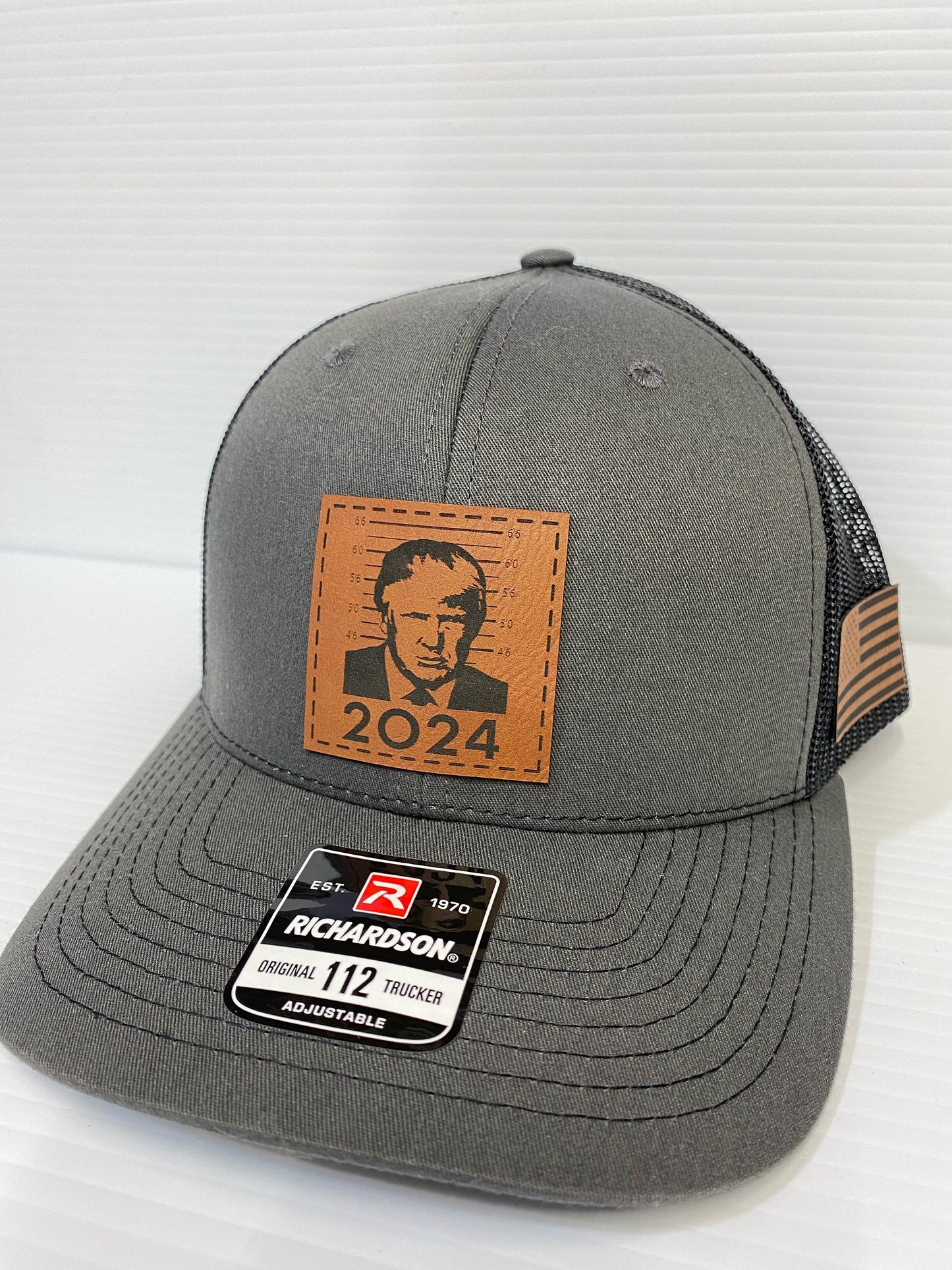 Trump 2024 Mugshot Leather Patch Richardson 112 Trucker Hat