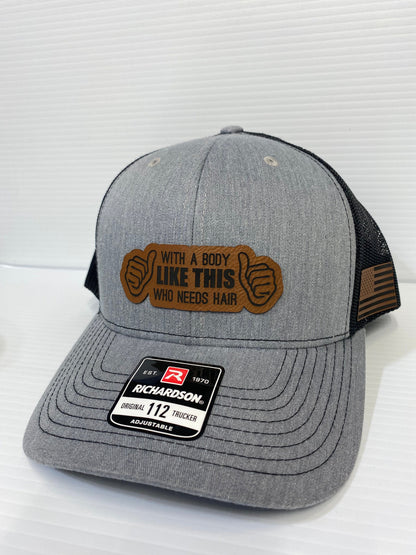 Funny Bald Guy Hat: Laser Engraved Leatherette Patch, Richardson 112 Trucker