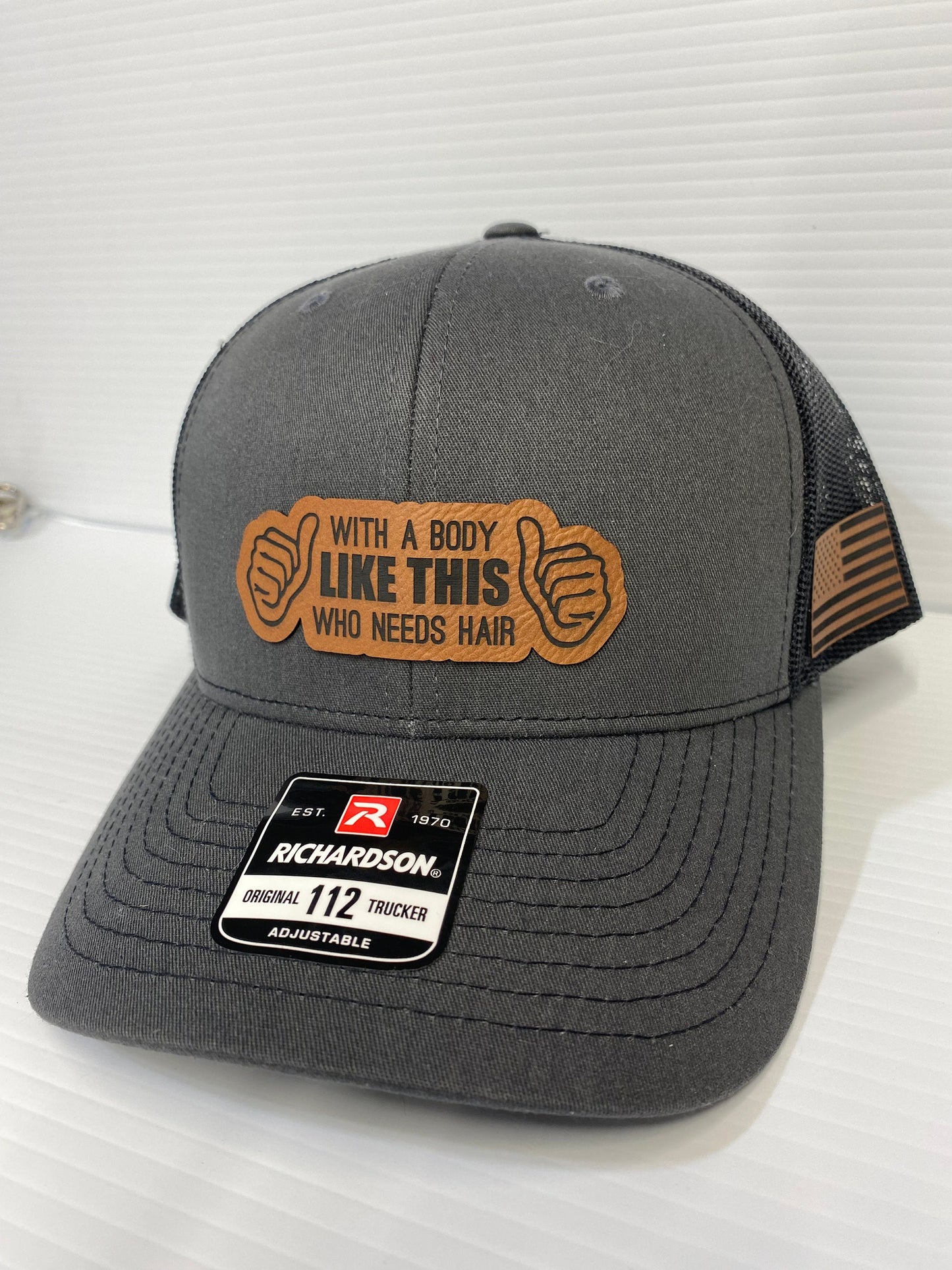 Funny Bald Guy Hat: Laser Engraved Leatherette Patch, Richardson 112 Trucker
