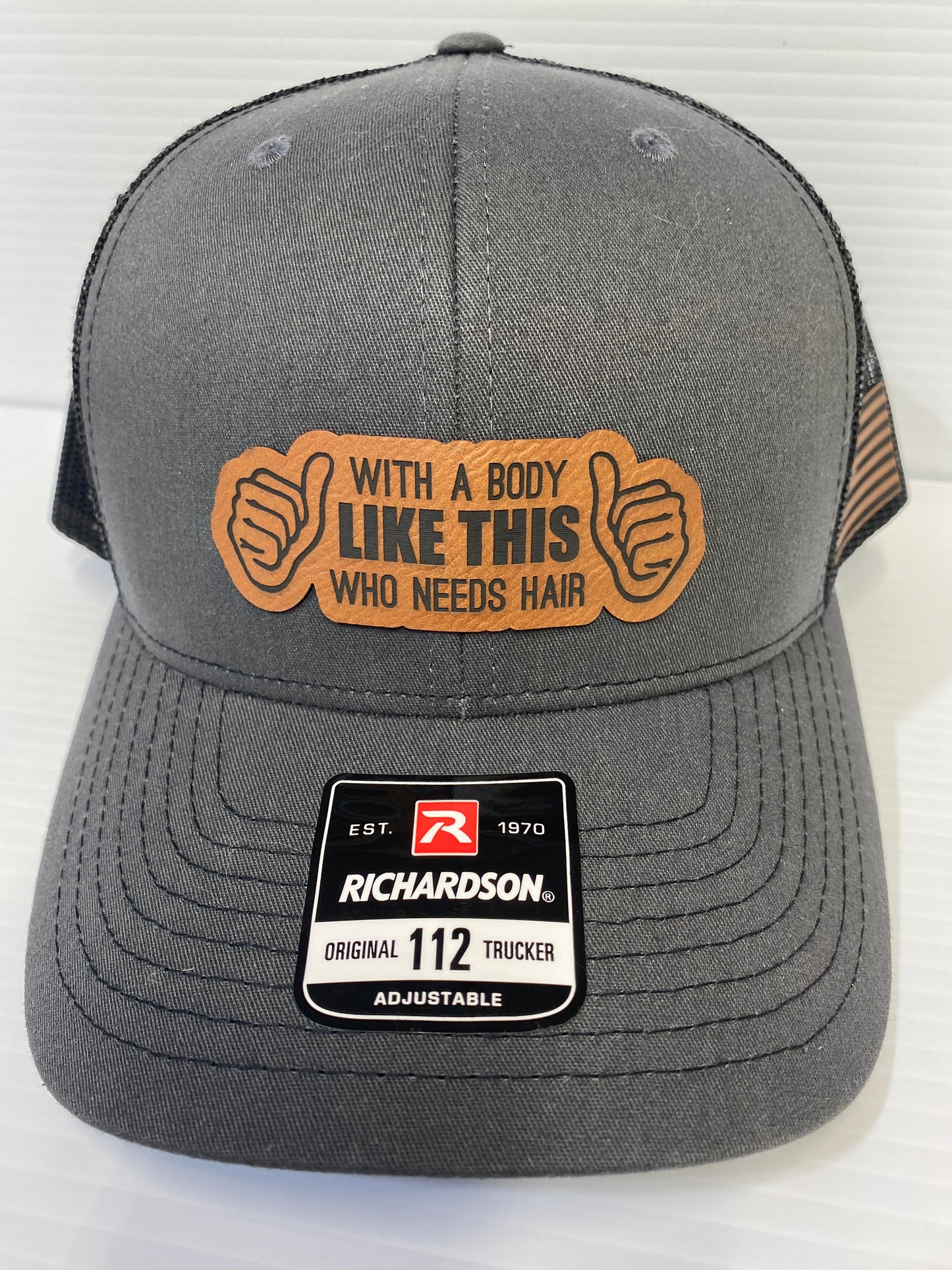 Funny Bald Guy Hat: Laser Engraved Leatherette Patch, Richardson 112 Trucker