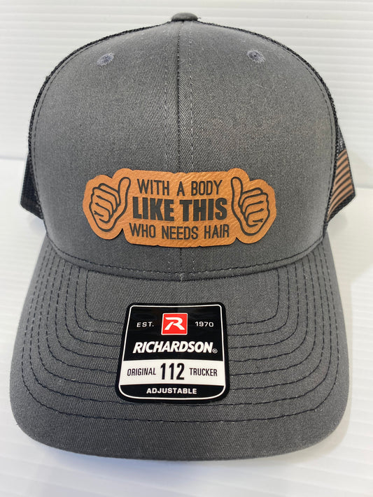 Funny Bald Guy Hat: Laser Engraved Leatherette Patch, Richardson 112 Trucker