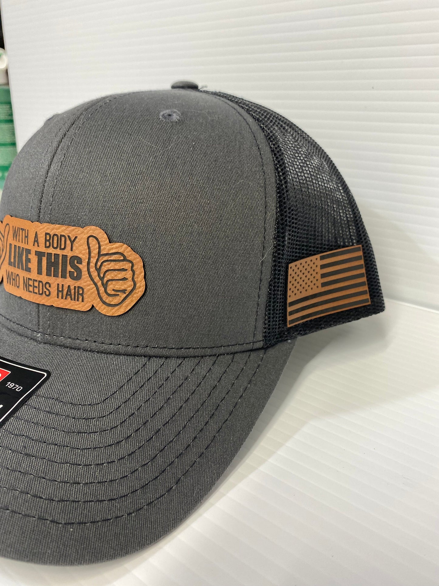 Funny Bald Guy Hat: Laser Engraved Leatherette Patch, Richardson 112 Trucker