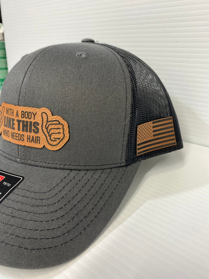 Funny Bald Guy Hat: Laser Engraved Leatherette Patch, Richardson 112 Trucker