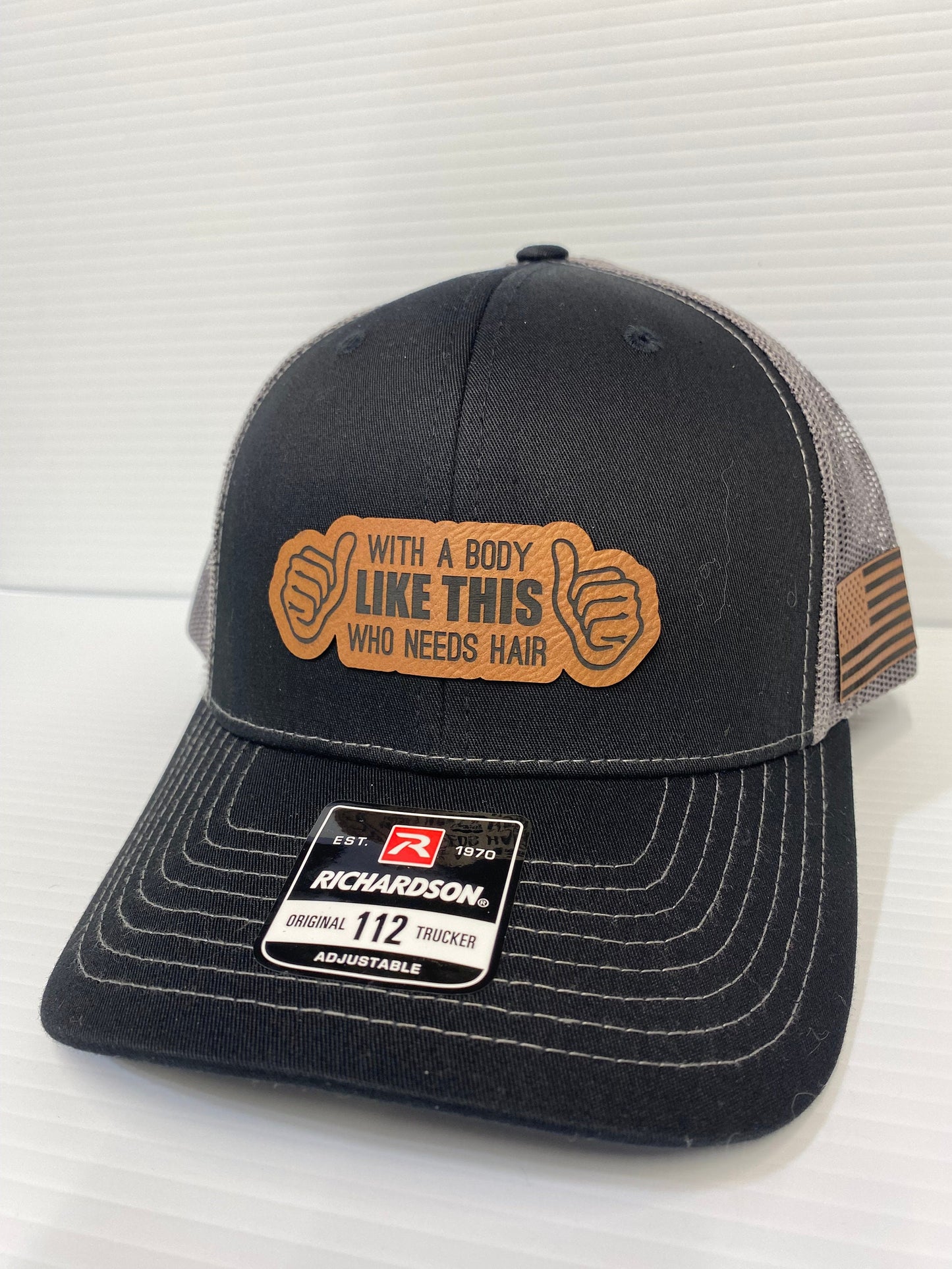 Funny Bald Guy Hat: Laser Engraved Leatherette Patch, Richardson 112 Trucker