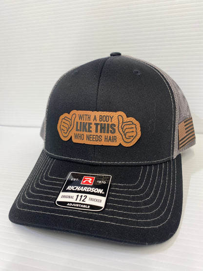 Funny Bald Guy Hat: Laser Engraved Leatherette Patch, Richardson 112 Trucker