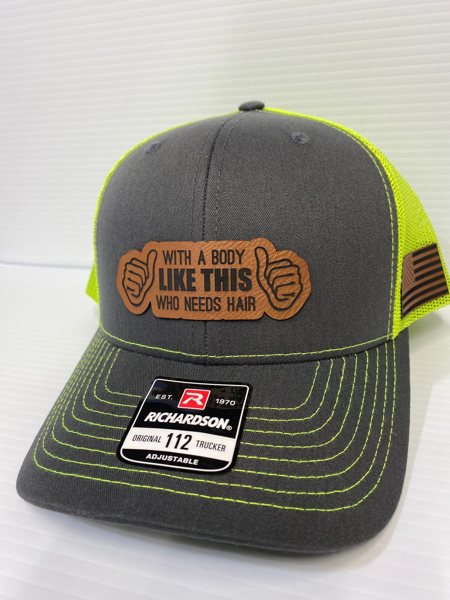 Funny Bald Guy Hat: Laser Engraved Leatherette Patch, Richardson 112 Trucker