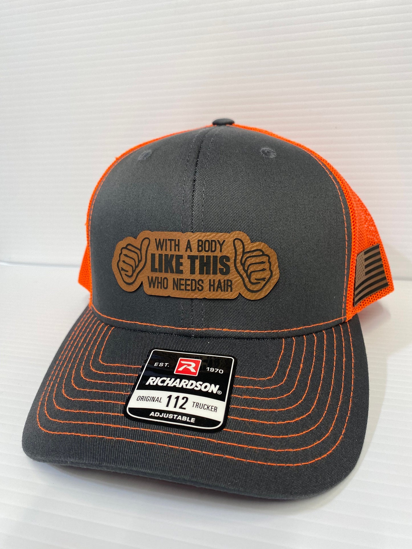 Funny Bald Guy Hat: Laser Engraved Leatherette Patch, Richardson 112 Trucker