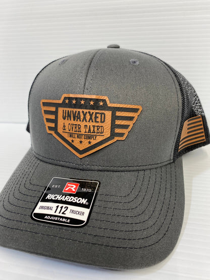 UNVAXXED & Over Taxed ™ Richardson 112 Hat, leatherette patch - Logo Hats, Laser Engraved Leather Patch, Richardson 112 Hat - UNVAXXED