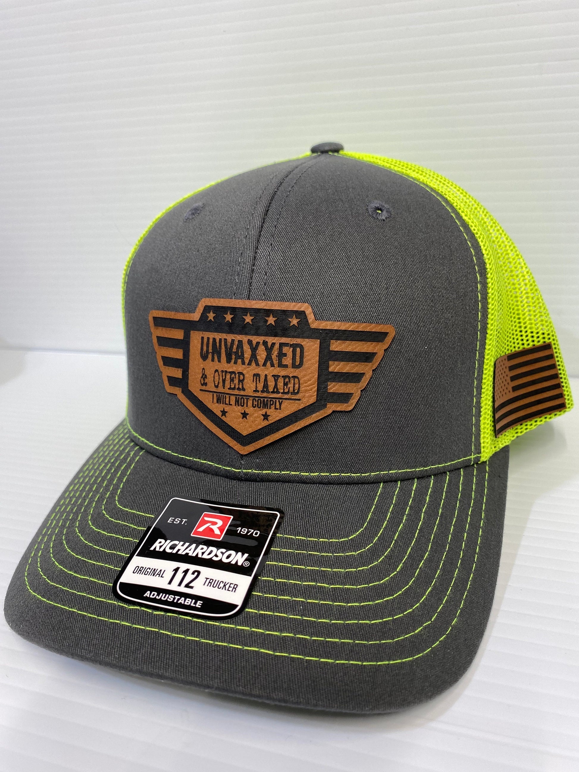 UNVAXXED & Over Taxed ™ Richardson 112 Hat, leatherette patch - Logo Hats, Laser Engraved Leather Patch, Richardson 112 Hat - UNVAXXED
