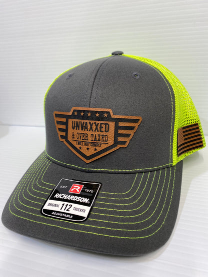 UNVAXXED & Over Taxed ™ Richardson 112 Hat, leatherette patch - Logo Hats, Laser Engraved Leather Patch, Richardson 112 Hat - UNVAXXED