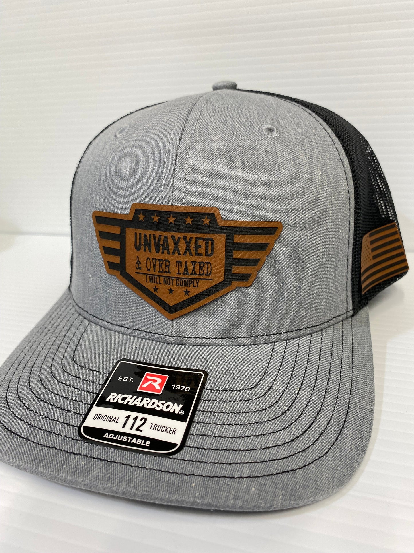 UNVAXXED & Over Taxed ™ Richardson 112 Hat, leatherette patch - Logo Hats, Laser Engraved Leather Patch, Richardson 112 Hat - UNVAXXED
