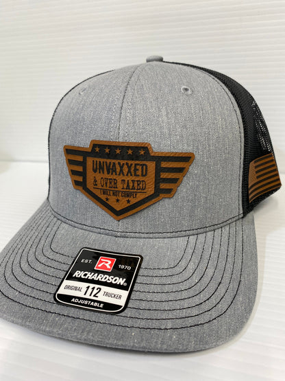 UNVAXXED & Over Taxed ™ Richardson 112 Hat, leatherette patch - Logo Hats, Laser Engraved Leather Patch, Richardson 112 Hat - UNVAXXED